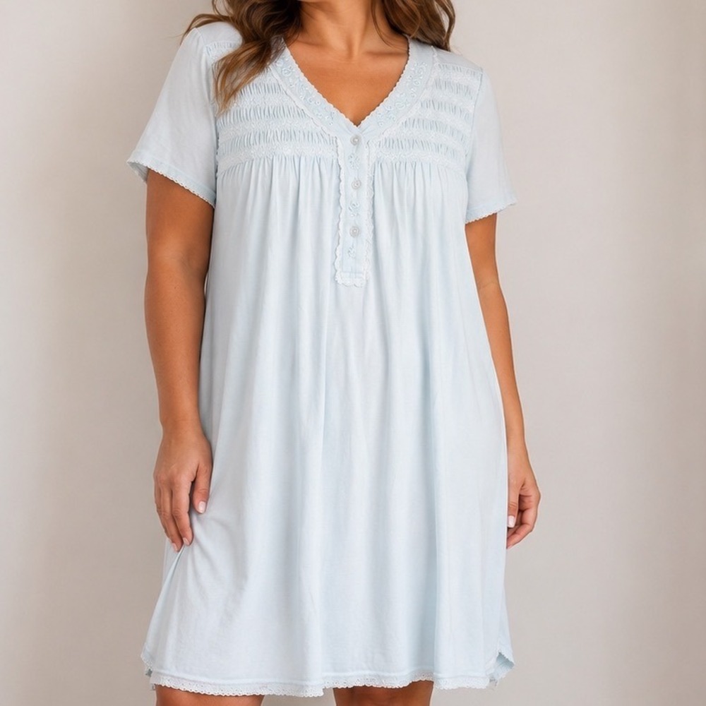 Miss Elaine XL Blue Cotton Blend Nightgown Cottagecore Victorian Prairie Smocked